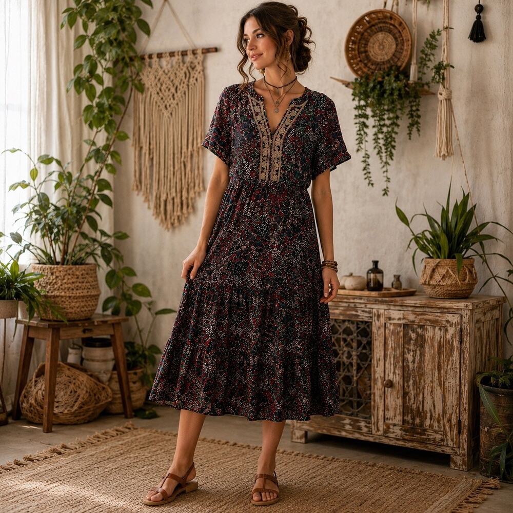 Knox Rose Boho Midi Dress Sz S Cottagecore Festival Dark Floral Lagenlook Earthy